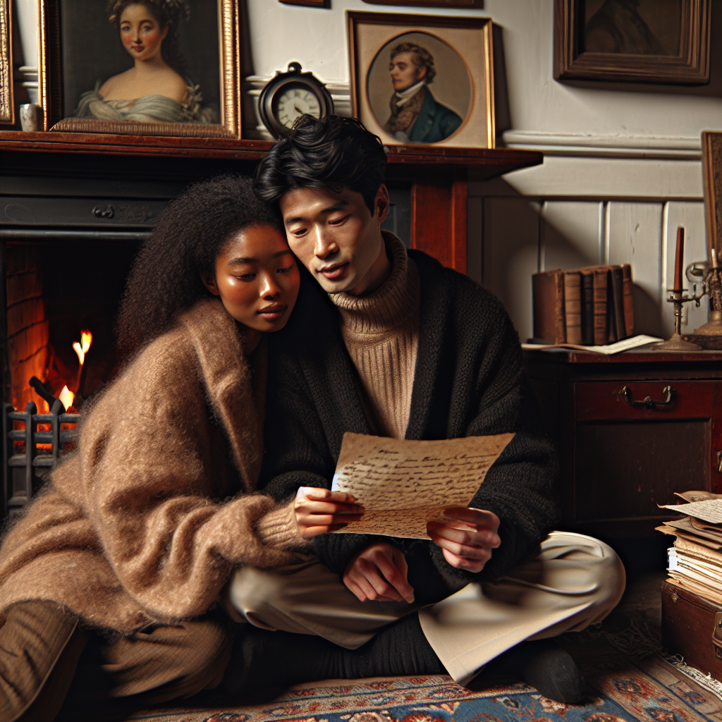 11 Staromodnih navika u vezama koje bismo trebali ponovo uvesti | A cozy couple sharing a handwritten letter by a fireplace, surrounded by vintage decor.