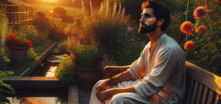 7 Svijesnih citata za trenutke kada preuzimate stvari k srcu | A thoughtful individual reflecting in a tranquil garden during sunset."