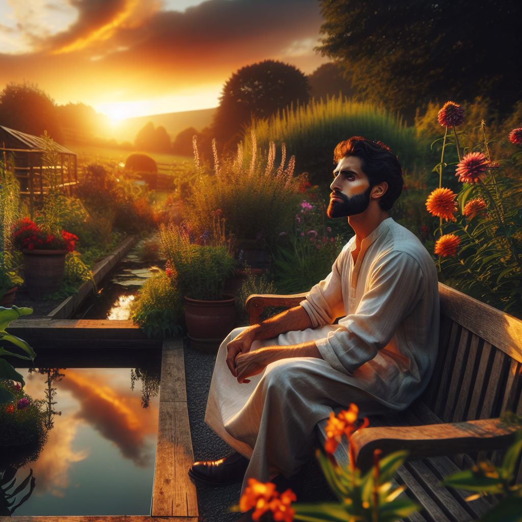 7 Svijesnih citata za trenutke kada preuzimate stvari k srcu | A thoughtful individual reflecting in a tranquil garden during sunset."