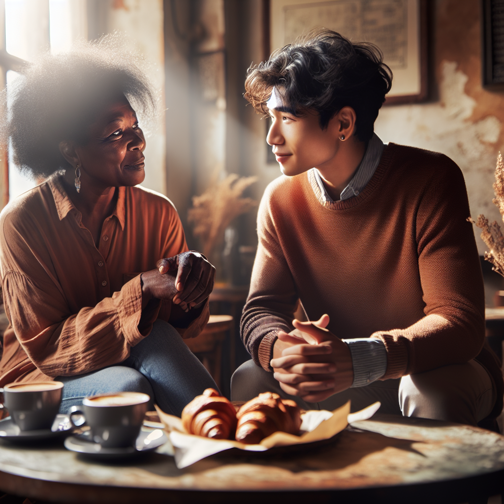 20 Prisutnih stvari koje trebate započeti u svojim vezama | A couple sitting together in a cozy cafe, sharing a meaningful conversation with warm colors around them.