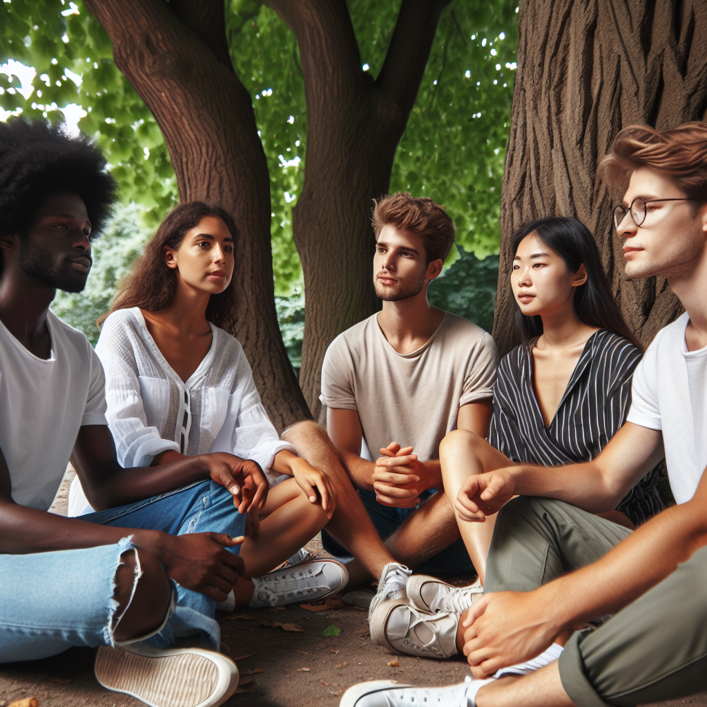 20 Bitnih Istina koje Trebamo Dijeliti s Mladima (i Jedni s Drugima) | A group of diverse young people sitting in a circle, engaged in meaningful conversation under a tree.