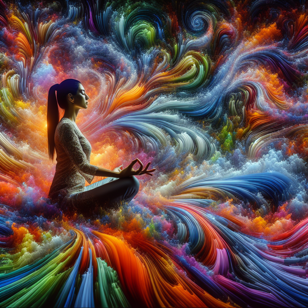 10 Svjesnih načina za očuvanje mira kada su drugi izvan kontrole | A tranquil scene of a person meditating in a chaotic environment, surrounded by swirling colors.