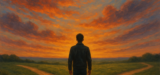 10 Samoograničavajućih uvjerenja koja nas sprječavaju da postignemo najbolje u životu | A person standing at a crossroads, contemplating different paths under a beautiful sunset sky."