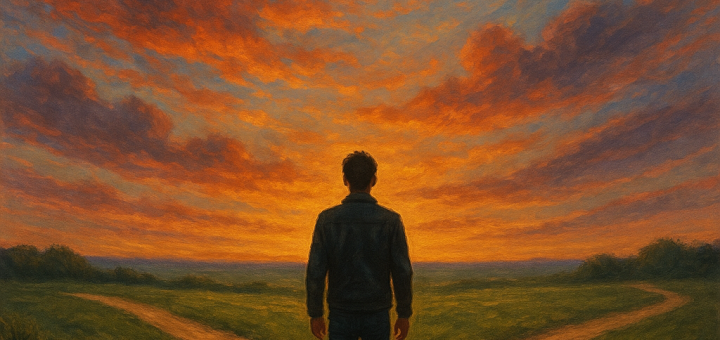 10 Samoograničavajućih uvjerenja koja nas sprječavaju da postignemo najbolje u životu | A person standing at a crossroads, contemplating different paths under a beautiful sunset sky."