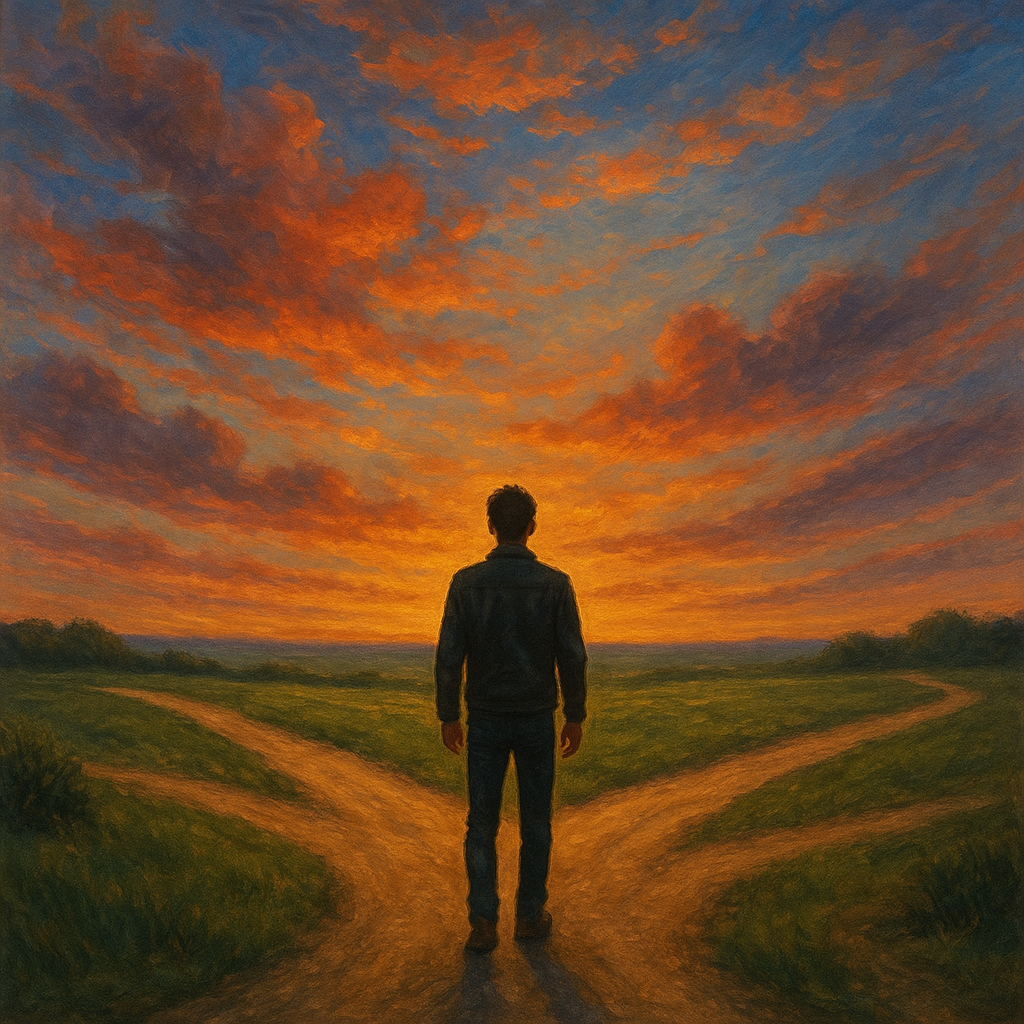 10 Samoograničavajućih uvjerenja koja nas sprječavaju da postignemo najbolje u životu | A person standing at a crossroads, contemplating different paths under a beautiful sunset sky."