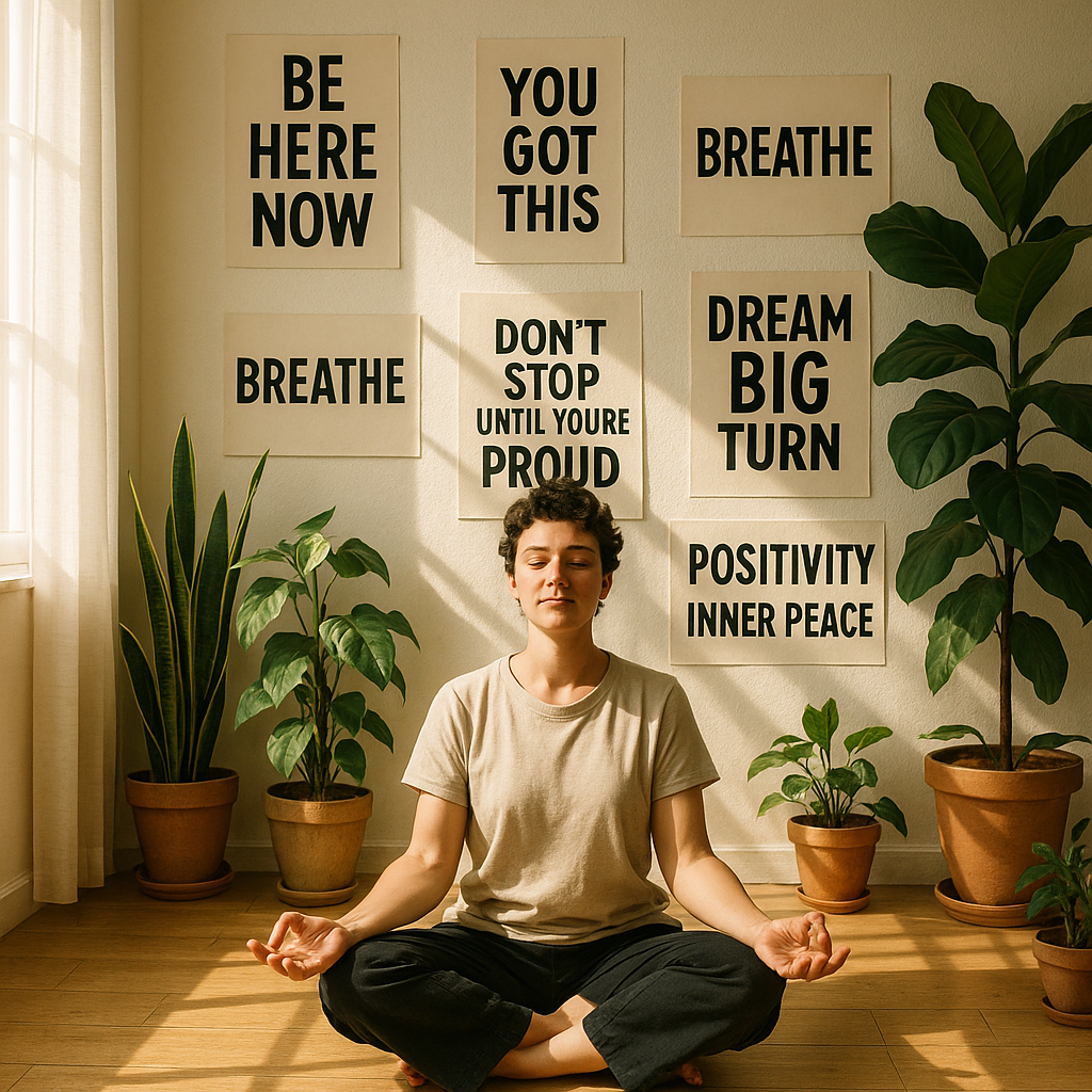 3 Esencijalne stvari koje danas trebate početi raditi za svoje samopouzdanje i osobni rast | A person meditating in a sunlit room, surrounded by inspiring quotes and plants.