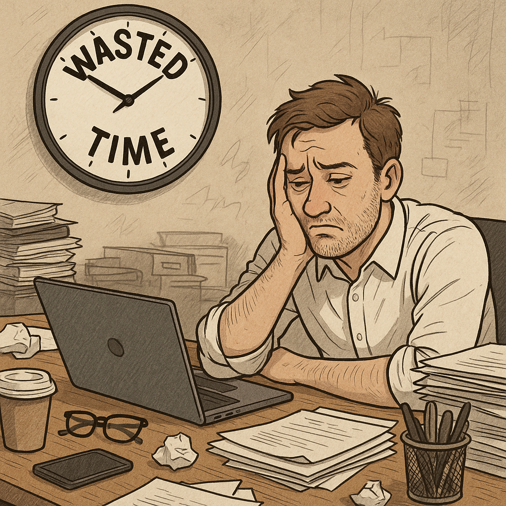 10 Dnevnih navika koje često troše 90 posto našeg vremena i energije u životu | A cluttered desk with a clock showing wasted time and a tired person looking frustrated.