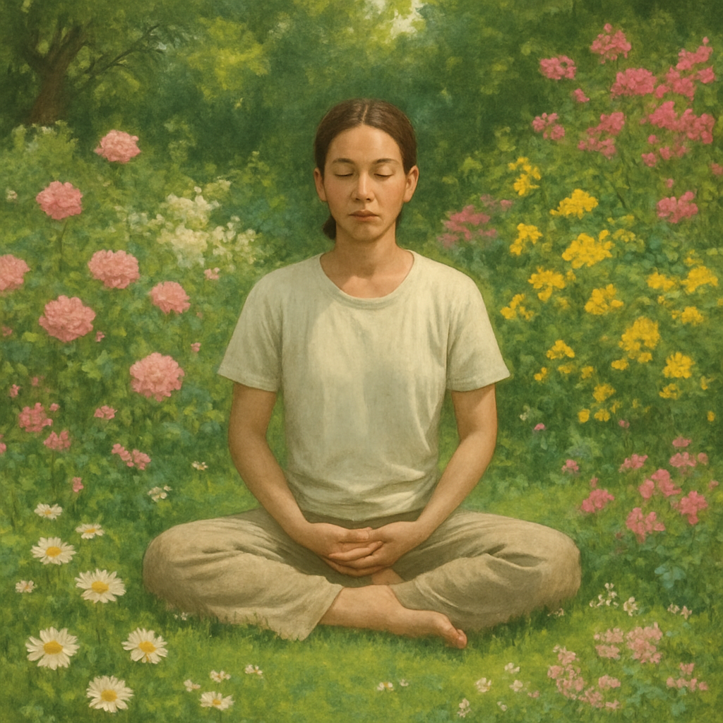 20 Bitnih stvari koje trebate početi raditi za vlastiti unutarnji mir, sreću i osobni rast | A tranquil scene of a person meditating in a lush green garden surrounded by blooming flowers.