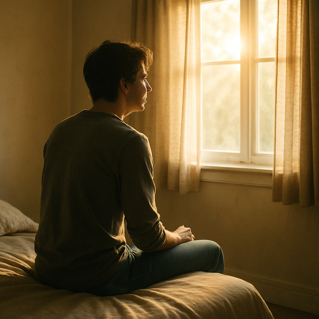 10 Buđenja za dane kada gubite motivaciju i sumnjate u sve | A person sitting on the edge of a bed, looking thoughtfully out the window as sunlight breaks through.