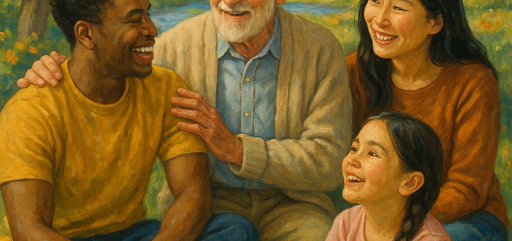 19 Vječnih životnih lekcija koje su mi 90 godina mudrosti naučile cijeniti i poštovati | An elderly figure sharing moments with diverse people, surrounded by nature's beauty.