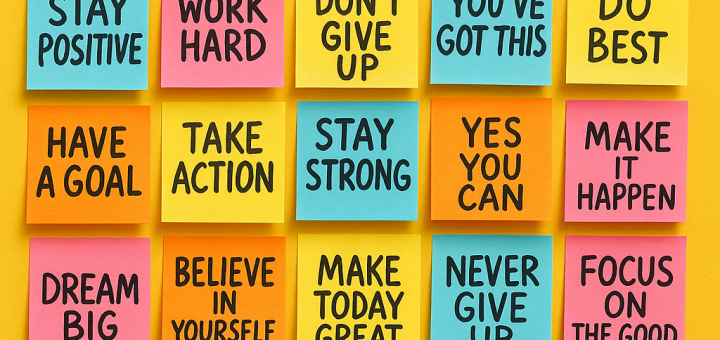 10 Ljepljivih bilješki koje bismo svi trebali zapamtiti prije nego život postane teži | A colorful collage of sticky notes on a bright wall with motivational phrases.