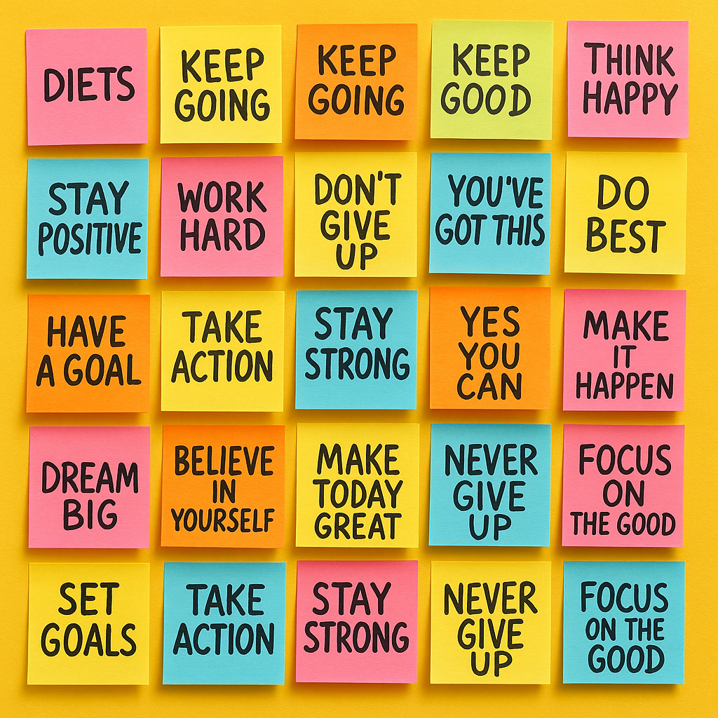10 Ljepljivih bilješki koje bismo svi trebali zapamtiti prije nego život postane teži | A colorful collage of sticky notes on a bright wall with motivational phrases.
