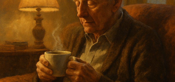 20 Malih stvari o kojima mi je 90 godina mudrosti savjetovalo da prestanem previše brinuti | An elderly person sitting in a cozy armchair, reflecting quietly with a warm cup of tea in hand.