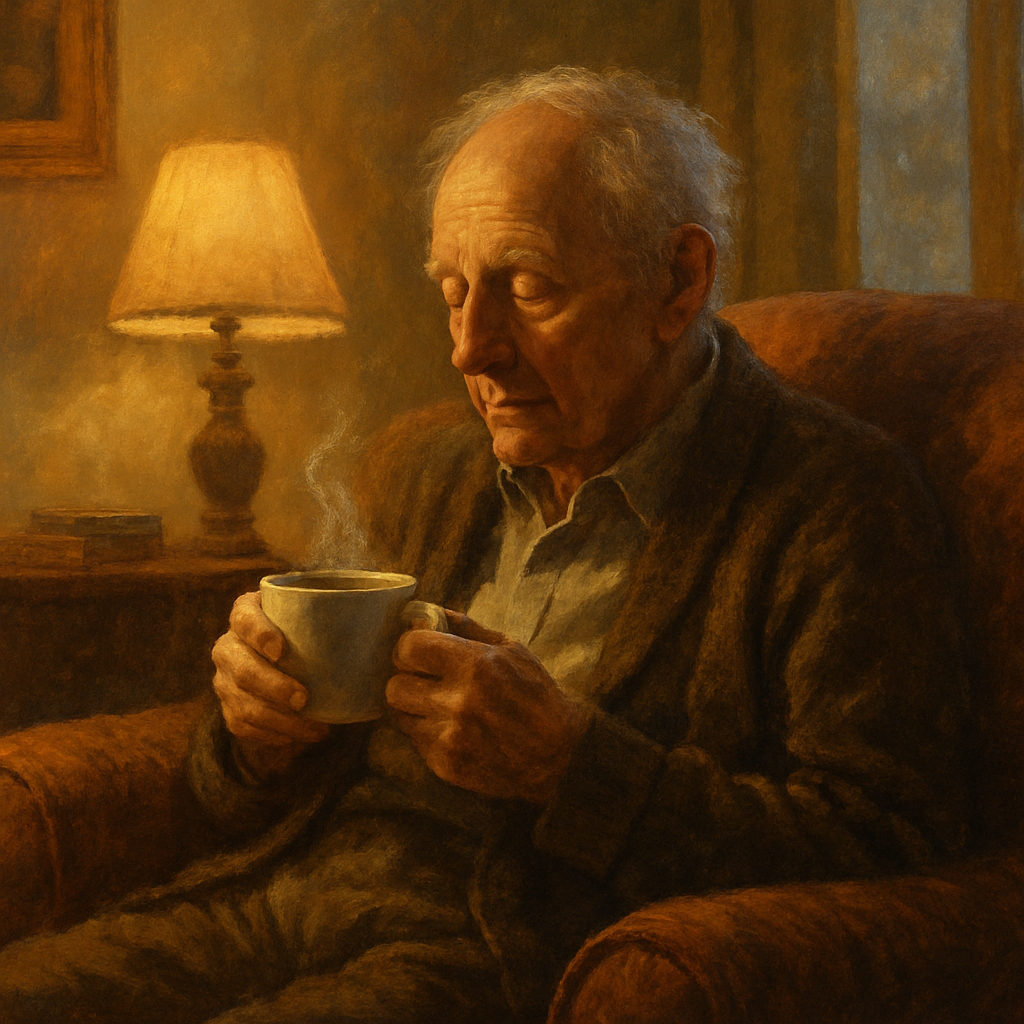 20 Malih stvari o kojima mi je 90 godina mudrosti savjetovalo da prestanem previše brinuti | An elderly person sitting in a cozy armchair, reflecting quietly with a warm cup of tea in hand.
