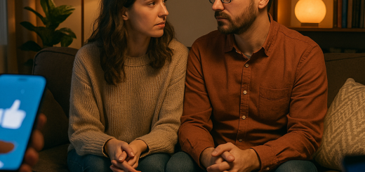 10 Društvenih navika koje trebamo prestati prakticirati prije nego naše veze postanu teže | A couple sitting in a cozy living room, looking thoughtfully at each other while surrounded by various social distractions.