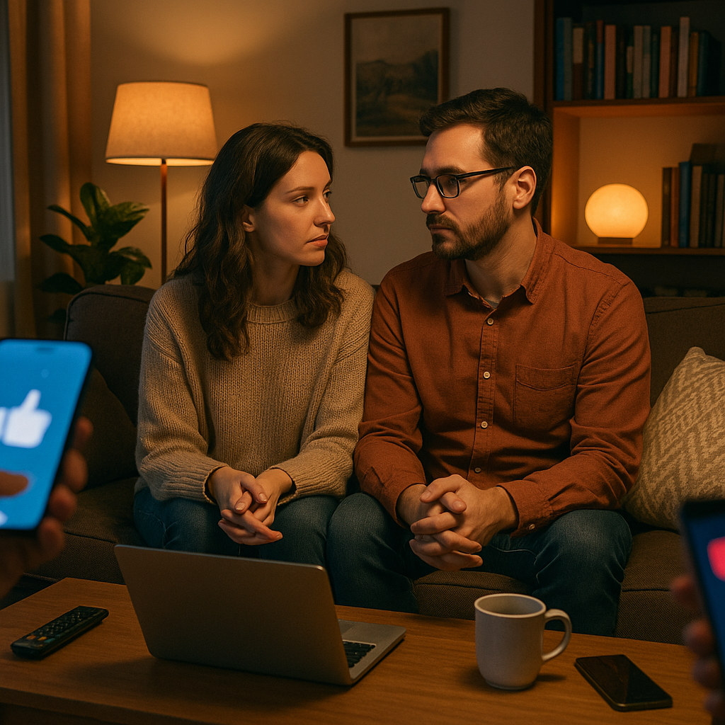 10 Društvenih navika koje trebamo prestati prakticirati prije nego naše veze postanu teže | A couple sitting in a cozy living room, looking thoughtfully at each other while surrounded by various social distractions.
