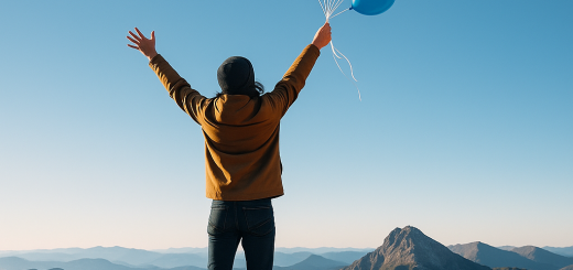 4 Teške životne lekcije koje svi učimo puštajući stvari (svojim tempom) | A person standing on a mountain top, releasing a handful of colorful balloons into a blue sky.