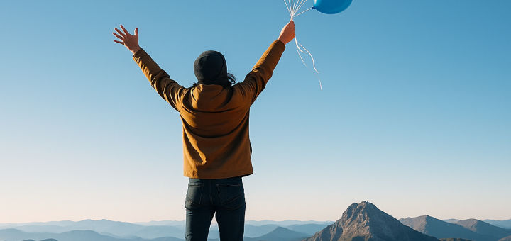 4 Teške životne lekcije koje svi učimo puštajući stvari (svojim tempom) | A person standing on a mountain top, releasing a handful of colorful balloons into a blue sky.