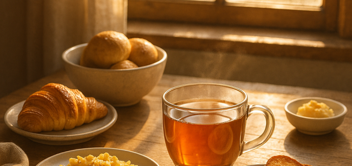 3 Male jutarnje navike koje će uvelike promijeniti ostatak vašeg života | A cozy breakfast scene with a warm cup of tea, sunlight pouring through a window.