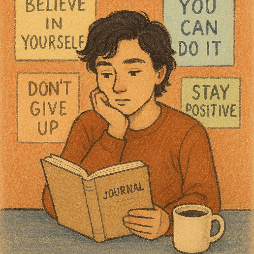 3 Dnevne navike koje nas koče u životu | A person looking thoughtfully at a journal, surrounded by motivating quotes and a cup of coffee.