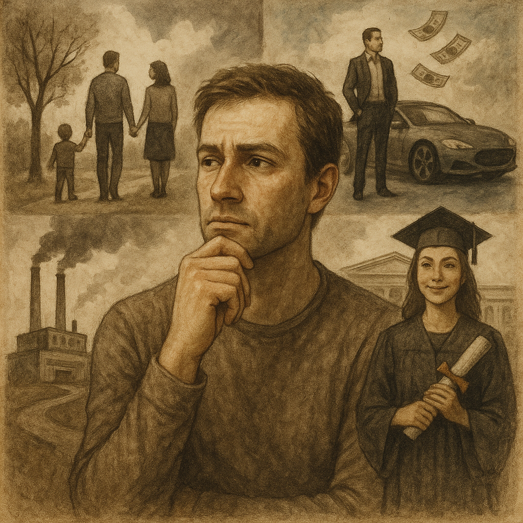 20 Životnih žala kojih se ne želite sjećati za 20 godina | A thoughtful person gazing into the distance, surrounded by a montage of contrasting life choices.