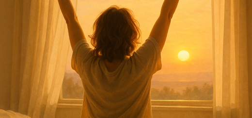 Nježni Buđenje za Sve One Dane Kada se Ne Osjećate Dovoljno Dobro | A soothing sunrise with a person stretching out in bed, surrounded by soft blankets and warm light.