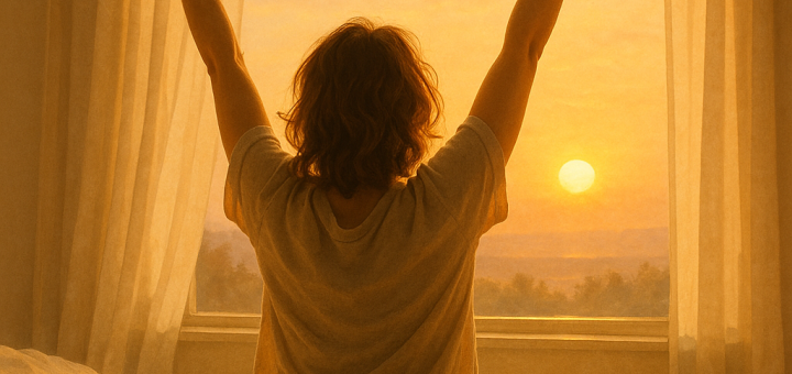 Nježni Buđenje za Sve One Dane Kada se Ne Osjećate Dovoljno Dobro | A soothing sunrise with a person stretching out in bed, surrounded by soft blankets and warm light.