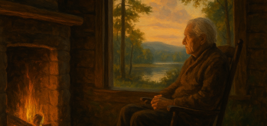 5 Navika mira i sreće koje mi je život naučio nakon 90 godina | An elderly person reflecting peacefully by a fireplace, surrounded by nature.
