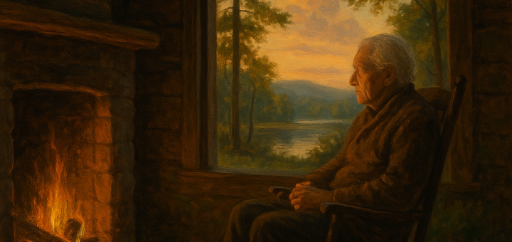5 Navika mira i sreće koje mi je život naučio nakon 90 godina | An elderly person reflecting peacefully by a fireplace, surrounded by nature.