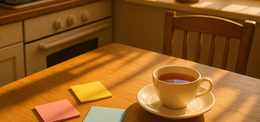 12 Papirića s porukama za jutarnji mir | A cozy kitchen table with colorful sticky notes, a cup of tea, and morning sunlight.
