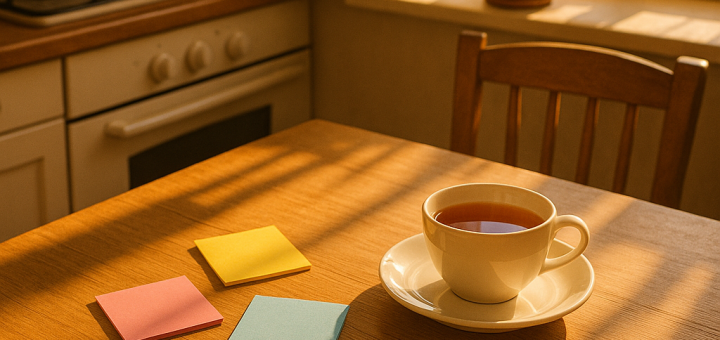12 Papirića s porukama za jutarnji mir | A cozy kitchen table with colorful sticky notes, a cup of tea, and morning sunlight.
