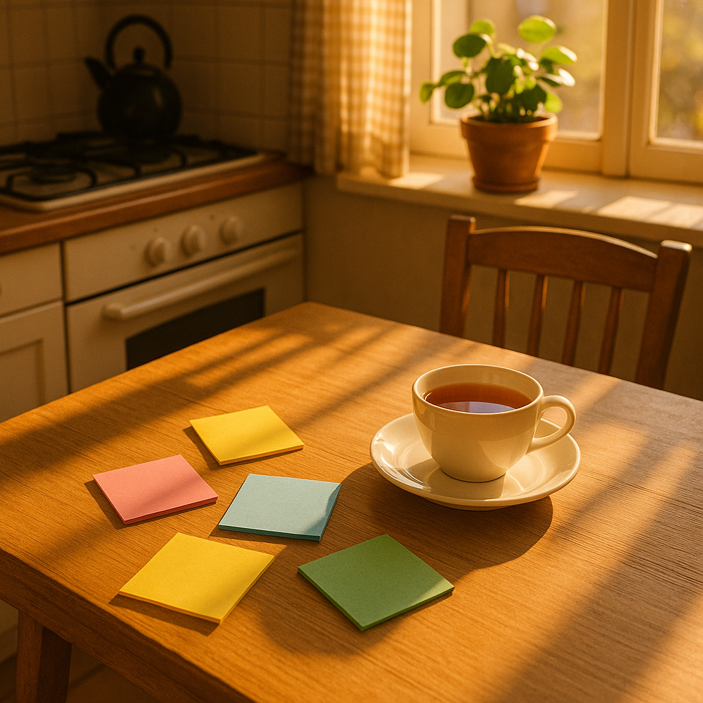 12 Papirića s porukama za jutarnji mir | A cozy kitchen table with colorful sticky notes, a cup of tea, and morning sunlight.