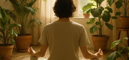 30 Dnevnih citata i pitanja za smirenje uma i poboljšanje fokusa | A tranquil scene with a person meditating in a sunlit room filled with greenery.