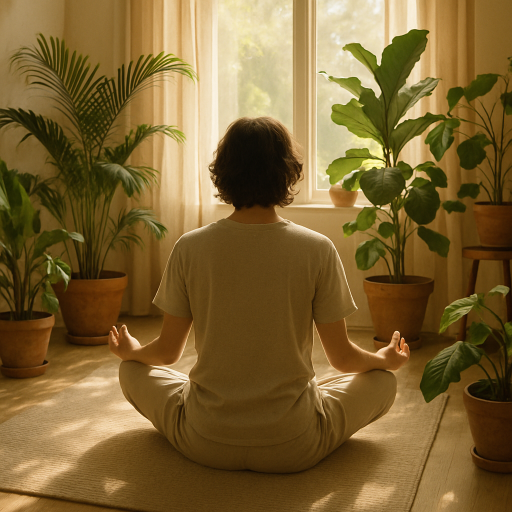 30 Dnevnih citata i pitanja za smirenje uma i poboljšanje fokusa | A tranquil scene with a person meditating in a sunlit room filled with greenery.