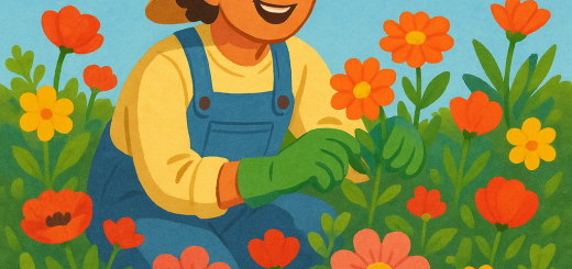 10 Malih stvari na koje predugo čekamo da učinimo za sebe | A person happily tending to a small garden filled with vibrant flowers under a clear blue sky.