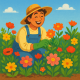 10 Malih stvari na koje predugo čekamo da učinimo za sebe | A person happily tending to a small garden filled with vibrant flowers under a clear blue sky.