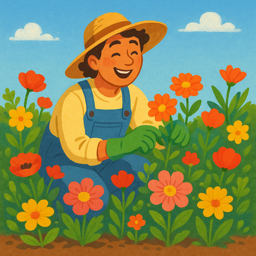 10 Malih stvari na koje predugo čekamo da učinimo za sebe | A person happily tending to a small garden filled with vibrant flowers under a clear blue sky.