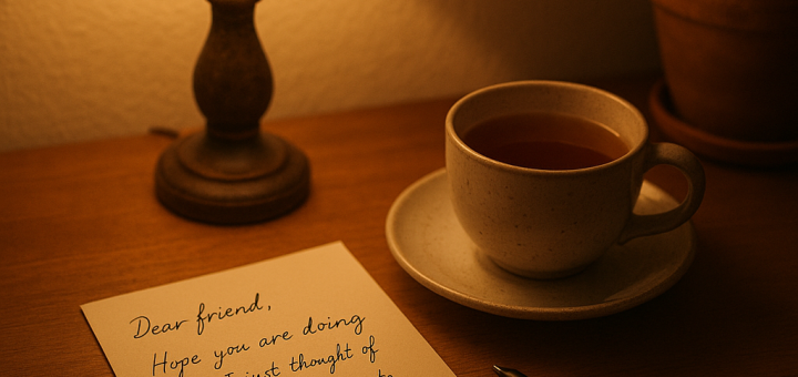 12 Dobrih "Poruka za sebe" koje trebamo zapamtiti prije nego što život postane teži | A comforting desk with a handwritten note, a cup of tea, and a warm light illuminating the space.