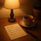 12 Dobrih "Poruka za sebe" koje trebamo zapamtiti prije nego što život postane teži | A comforting desk with a handwritten note, a cup of tea, and a warm light illuminating the space.