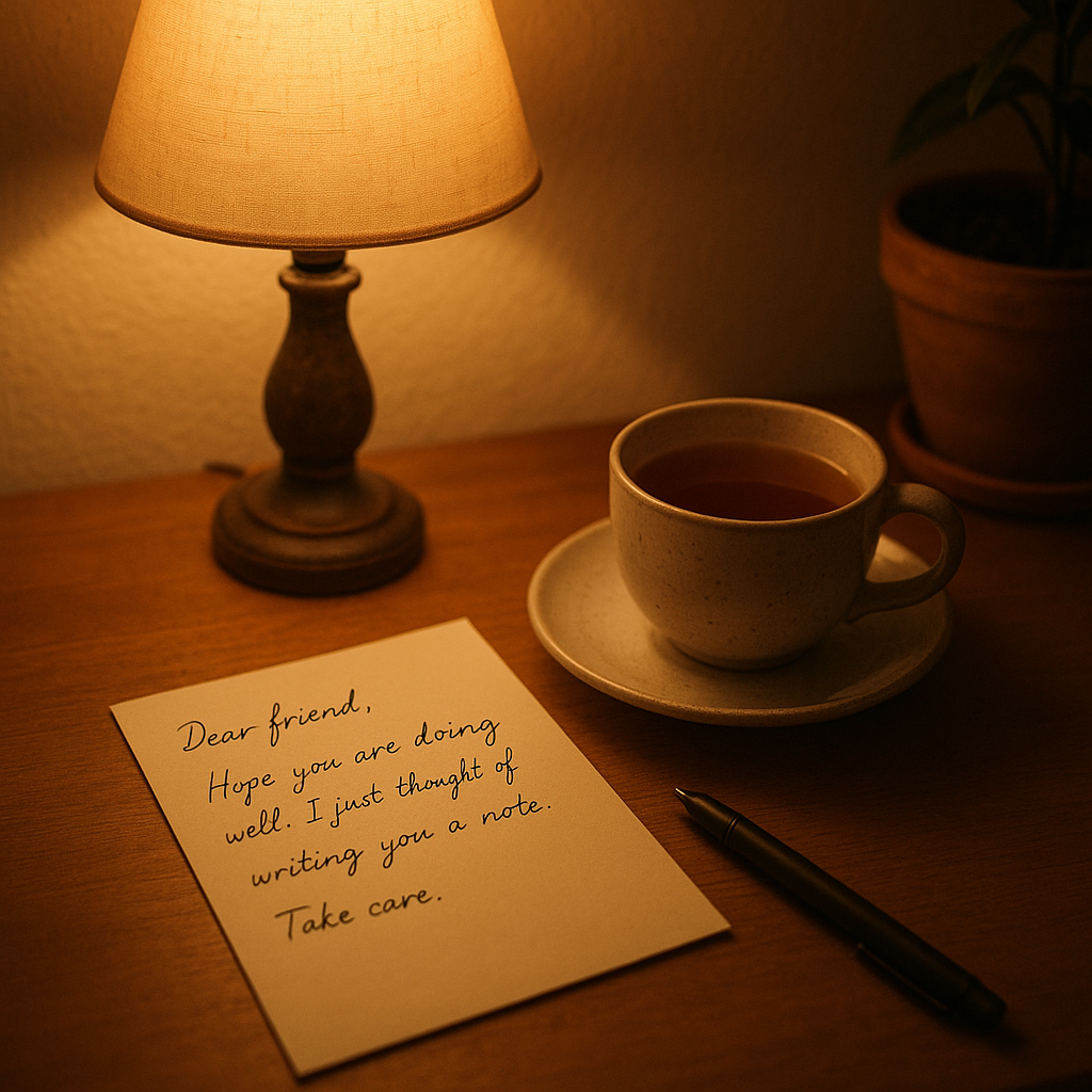 12 Dobrih "Poruka za sebe" koje trebamo zapamtiti prije nego što život postane teži | A comforting desk with a handwritten note, a cup of tea, and a warm light illuminating the space.