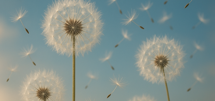 40 Izreka o puštanju i suočavanju s stvarima koje ne možete kontrolirati | A collection of floating dandelions in the wind, symbolizing release and freedom.