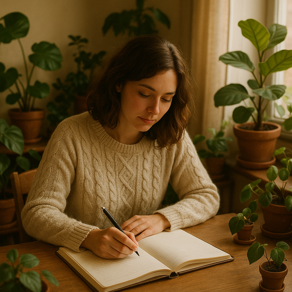 6 Malih svakodnevnih navika koje će promijeniti ostatak vašeg života | A person writing in a journal surrounded by plants and soft light in a cozy room.