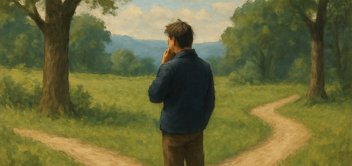 10 Velikih buđenja koja često primamo prekasno u životu | A thoughtful person standing at a crossroads, surrounded by nature, contemplating life choices.