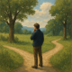 10 Velikih buđenja koja često primamo prekasno u životu | A thoughtful person standing at a crossroads, surrounded by nature, contemplating life choices.