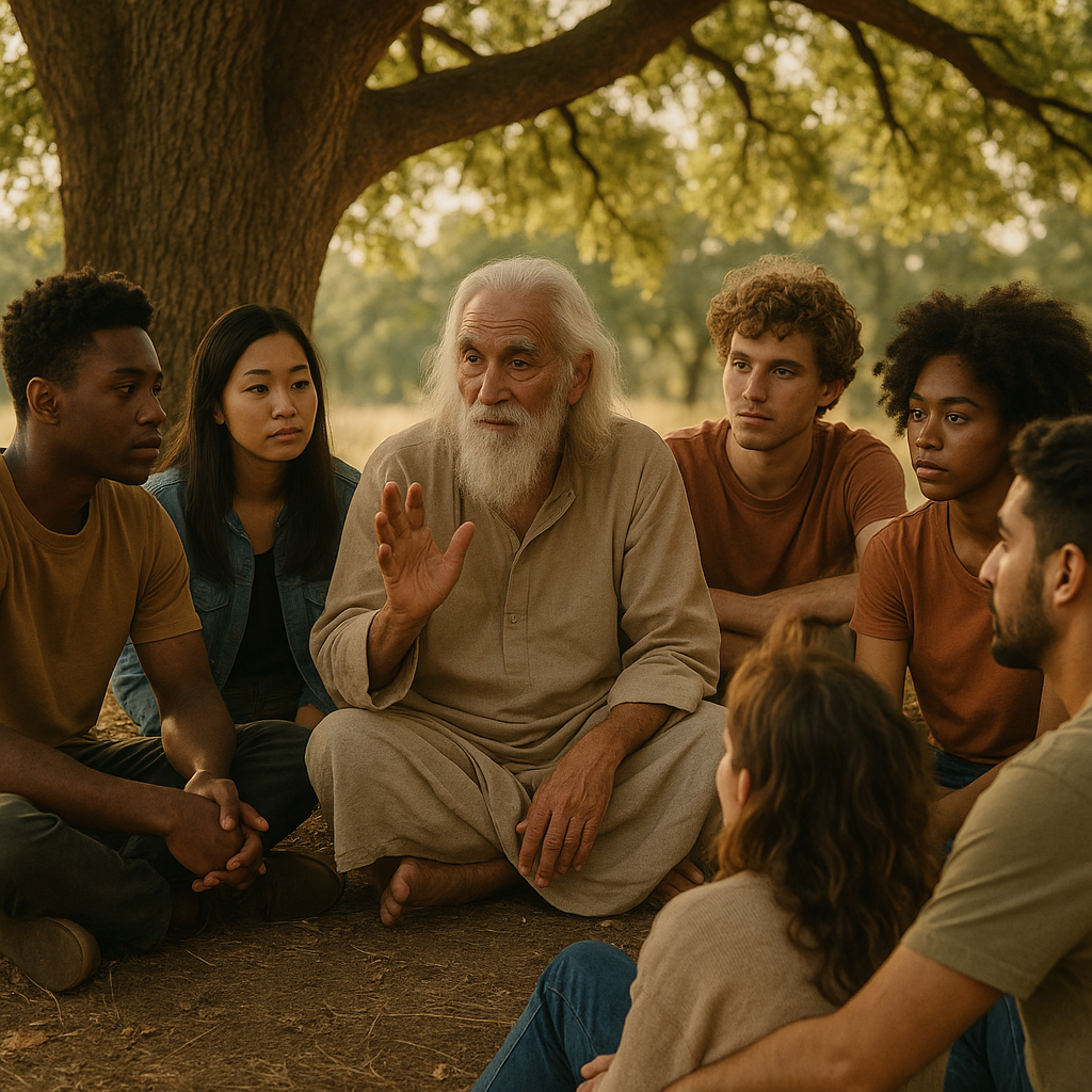20 Vječnih istina koje bismo trebali dijeliti s današnjom mladeži | A group of diverse young people sitting in a circle, listening intently to an elder sharing wisdom under a tree.