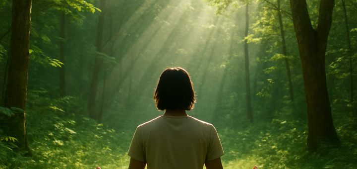 5 Bitnih stvari koje trebate početi raditi za svoju sreću, unutarnji mir i osobni rast | A tranquil scene of a person meditating in a lush green forest surrounded by sunlight.