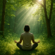 5 Bitnih stvari koje trebate početi raditi za svoju sreću, unutarnji mir i osobni rast | A tranquil scene of a person meditating in a lush green forest surrounded by sunlight.
