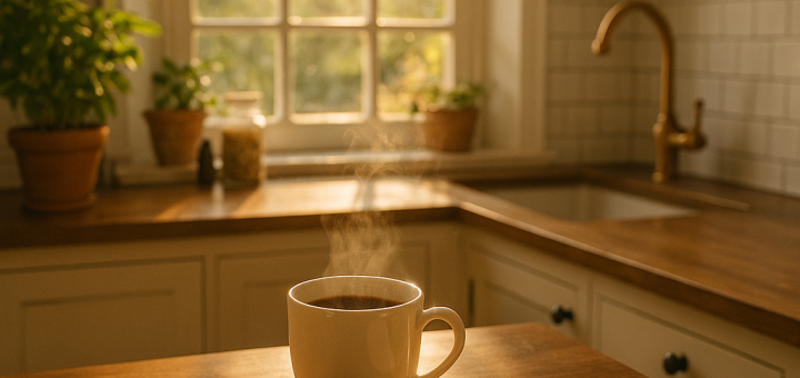 3 Jednostavne jutarnje navike koje će uvelike promijeniti ostatak vašeg života | A sunlit kitchen with a steaming cup of coffee and a journal, symbolizing a fresh start.