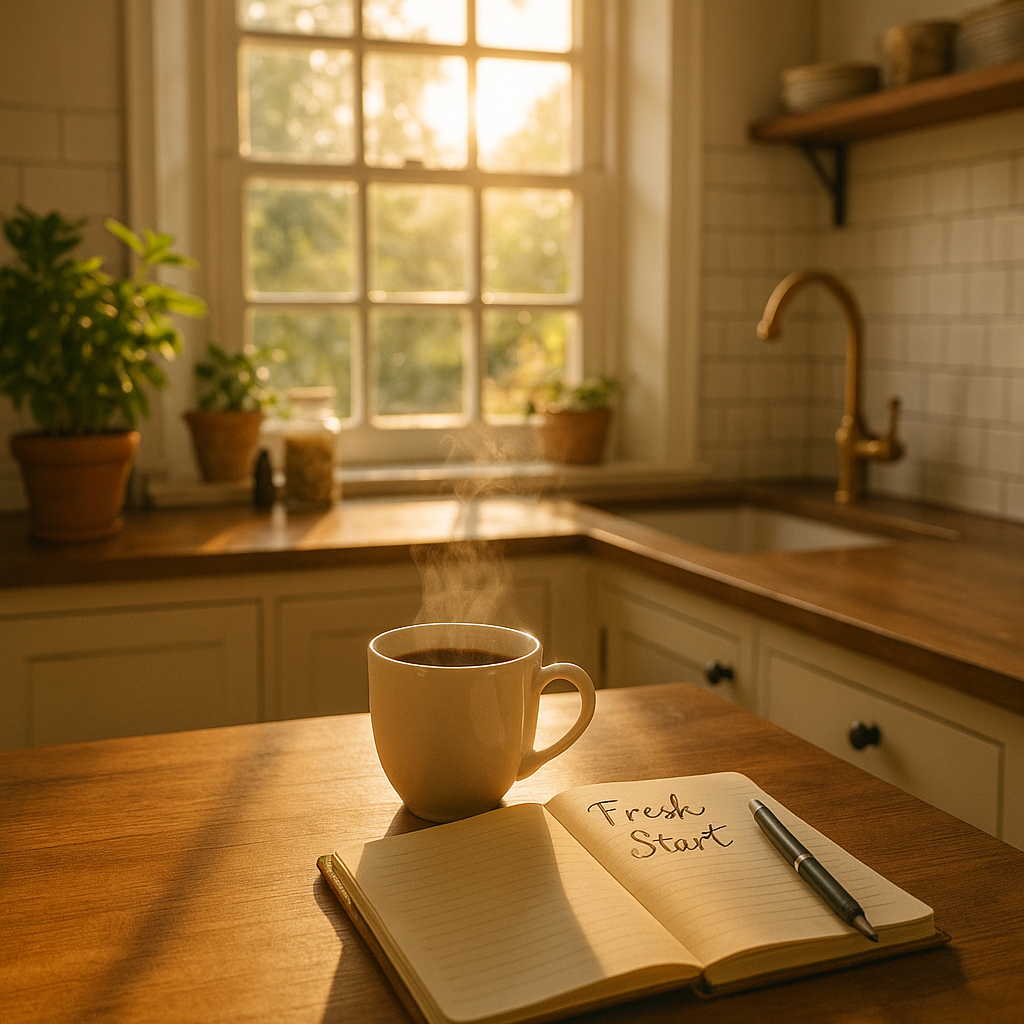 3 Jednostavne jutarnje navike koje će uvelike promijeniti ostatak vašeg života | A sunlit kitchen with a steaming cup of coffee and a journal, symbolizing a fresh start.
