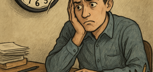 3 Razloga zašto svi odgađamo u životu dok ne bude prekasno | A person sitting at a cluttered desk, looking conflicted as a clock shows time slipping away.